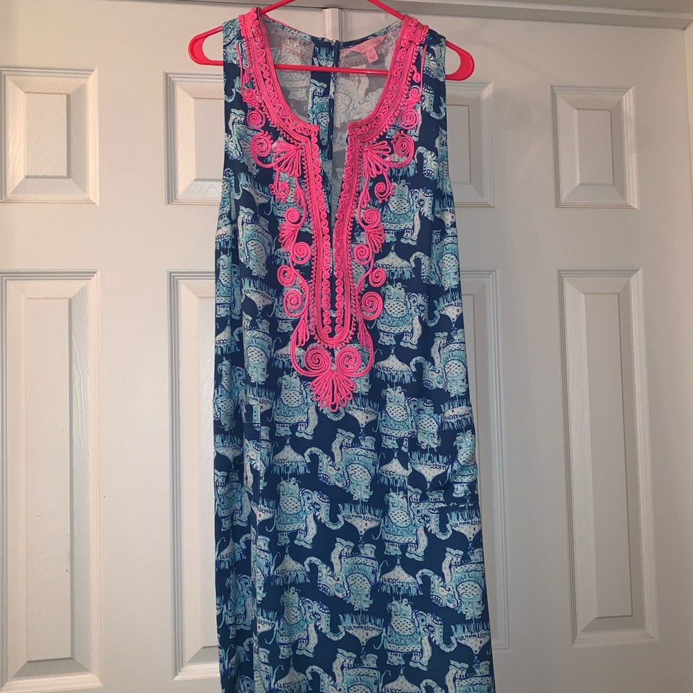 Lilly Pulitzer Sleeveless Navy Elephant Print Dress with Pink Embroidered Trim